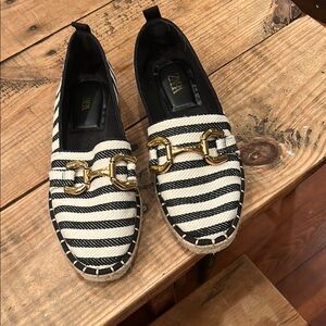 Zara Black and White Striped Espadrilles with Gold Accent